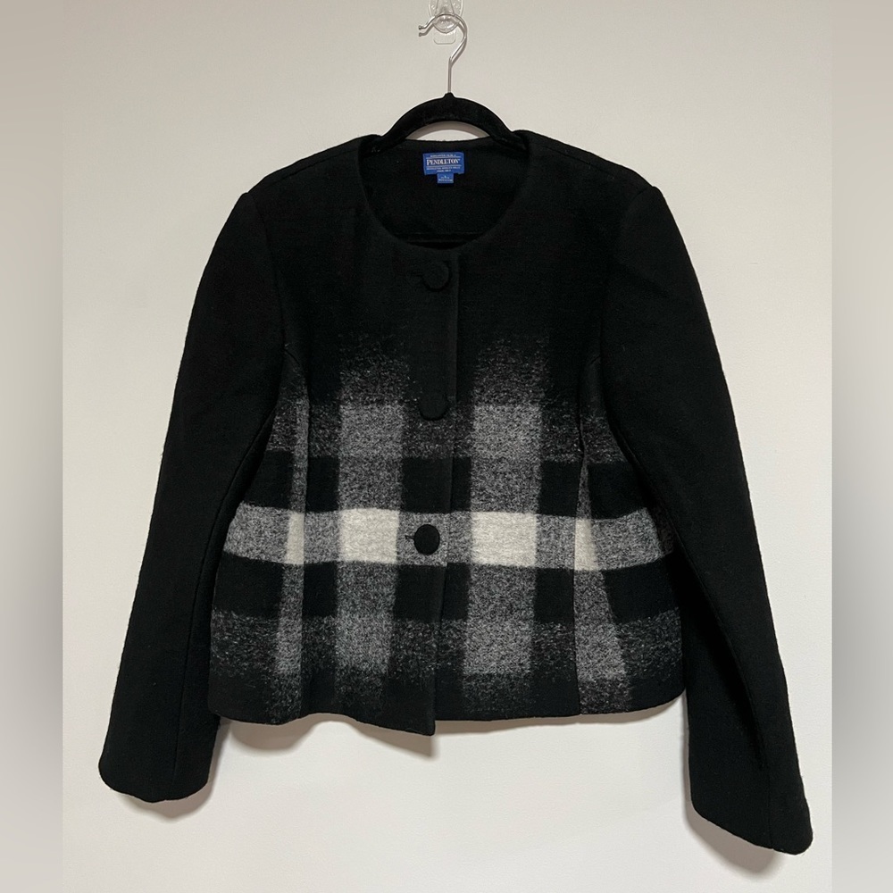 Pendleton Wool Blend Black/White Buffalo Plaid Blazer Suit Jacket Large Petite
